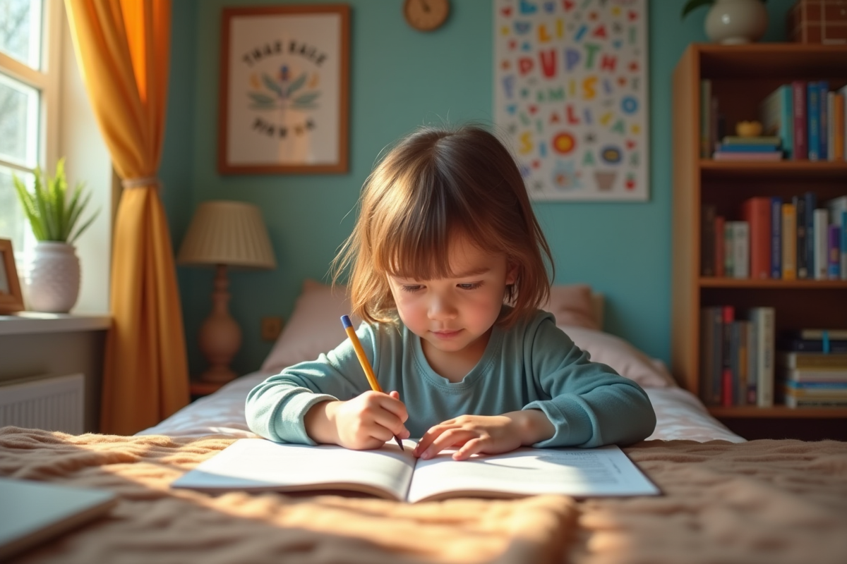Enfant concentré faisant ses devoirs dans sa chambre lumineuse