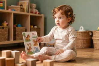 Petite fille de 2 ans explorant une carte parlante Montessori connectée sur un parquet en bois dans une salle de jeux naturelle