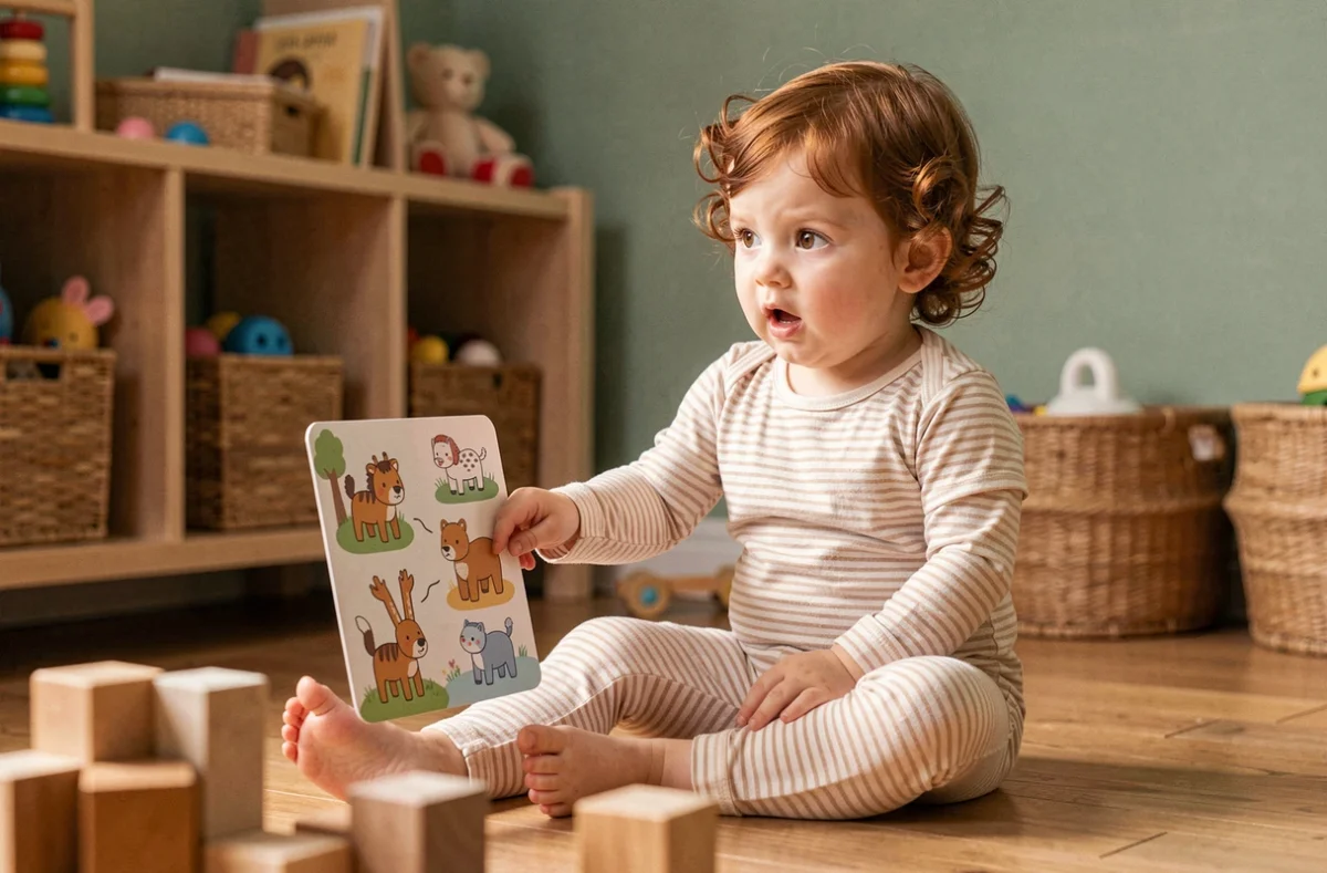 Petite fille de 2 ans explorant une carte parlante Montessori connectée sur un parquet en bois dans une salle de jeux naturelle