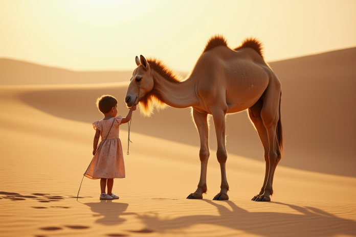 enfant-curieux-dromedaire-desert Enfant touchant un dromedaire dans le désert ensoleille