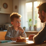 Punition pour enfant: quelle est la pire? Astuces efficaces Jeune enfant réfléchissant avec un parent dans la cuisine