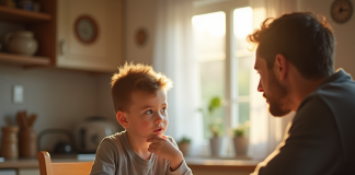 Jeune enfant réfléchissant avec un parent dans la cuisine