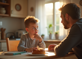 Jeune enfant réfléchissant avec un parent dans la cuisine