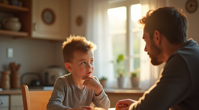Punition pour enfant: quelle est la pire? Astuces efficaces Jeune enfant réfléchissant avec un parent dans la cuisine