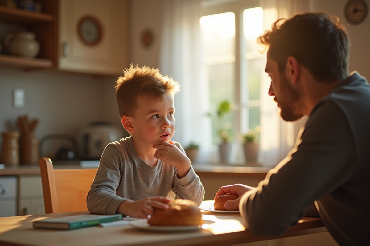 Jeune enfant réfléchissant avec un parent dans la cuisine