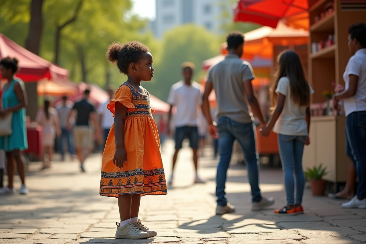 Marie Aline enfant dans un parc urbain avec sa famille