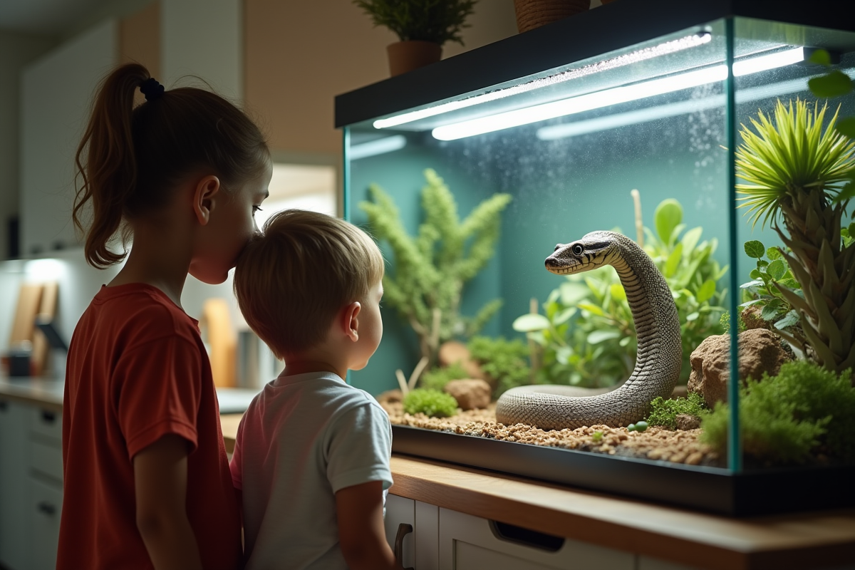 Enfant et parent observant vivarium de serpent en cuisine