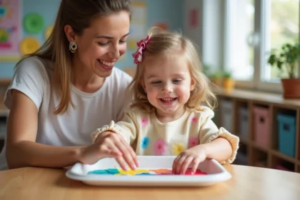 Petite fille en smock pastel peignant avec une éducatrice