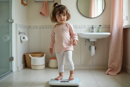 Fille de quatre ans sur la balance dans la salle de bain