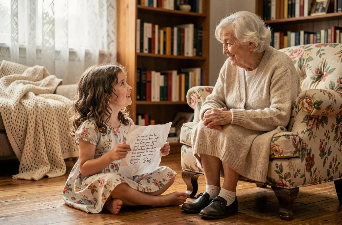 Petite fille récitant un poème à sa grand-mère pour la fête des grand-mères