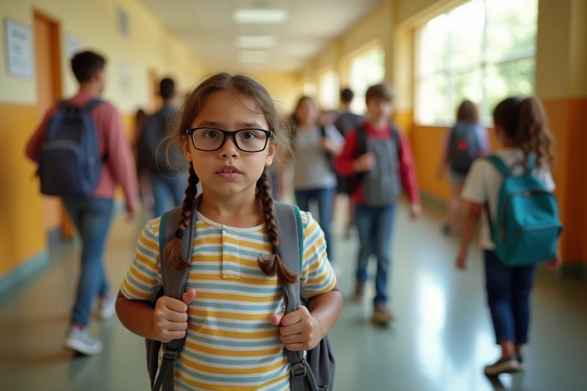 Jeune fille avec lunettes et cartable dans un couloir d'école animé entourée d'autres élèves, illustrant les difficultés d'inclusion sociale et de transition vécues par certains enfants en dispositif ULIS
