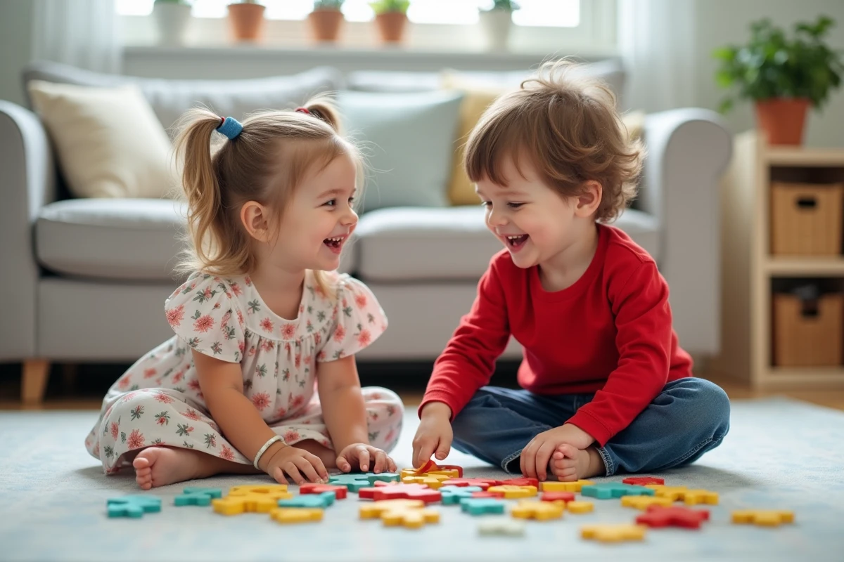 Deux enfants de 4 ans assis face à face sur un tapis de jeu, riant en assemblant un puzzle coloré dans un salon