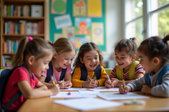 Groupe d'enfants d'école primaire en activité créative