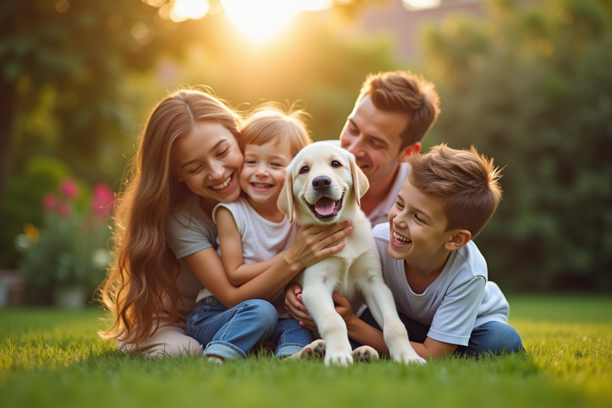 Enfants et famille câlinant un labrador dans le jardin