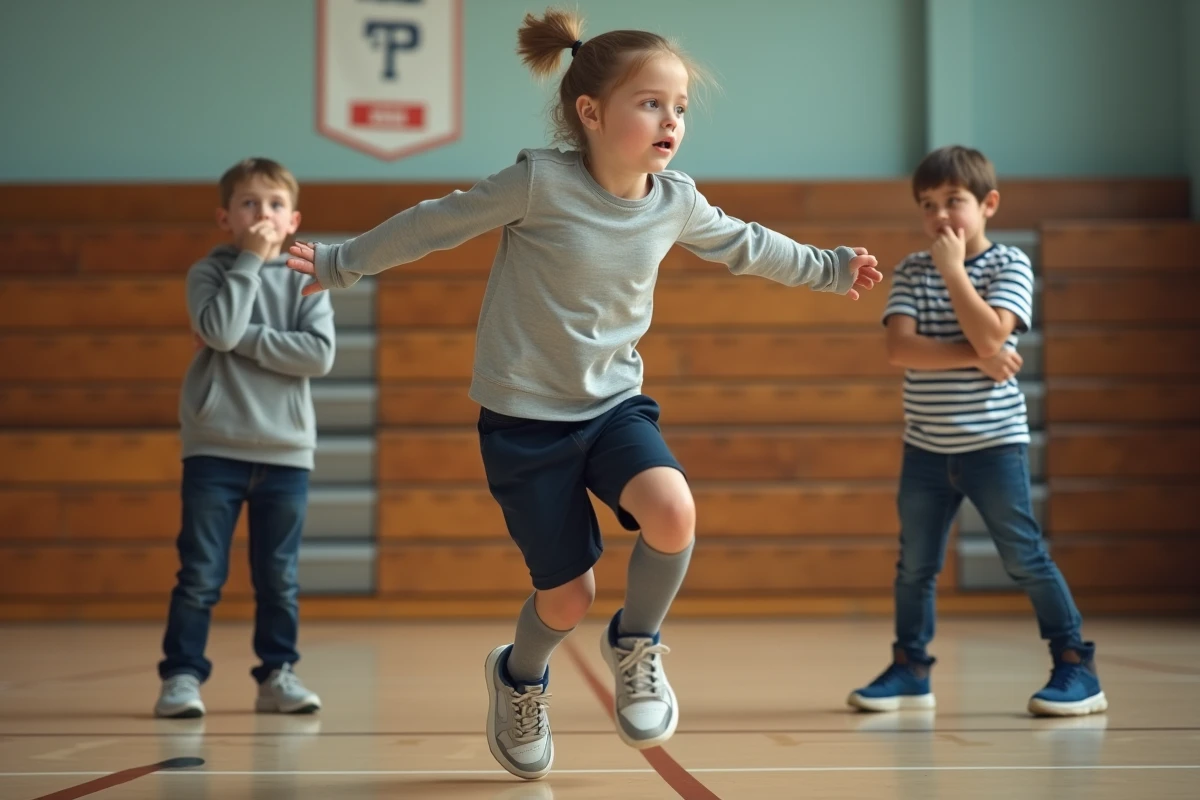 Enfants et adolescents jouant à un jeu de mime dans un gymnase scolaire, fillette mimant la nage avec des camarades attentifs