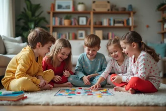 Groupe d'enfants jouant à un jeu de société dans le salon