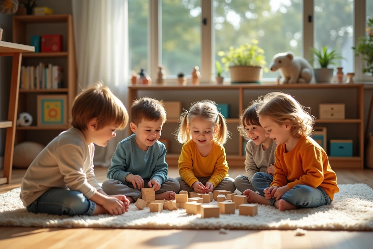 Groupe d'enfants jouant avec des jeux de société dans une salle chaleureuse