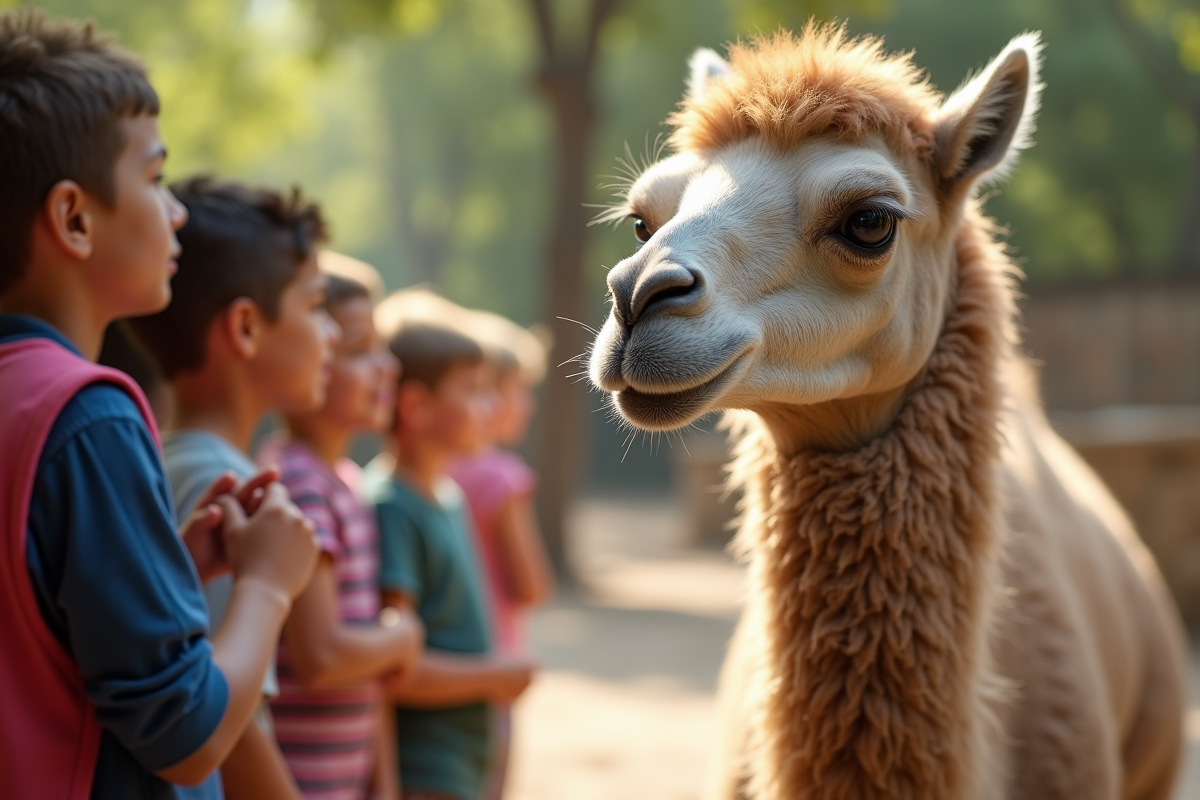 Groupe d enfants observant un dromedaire au parc animalier