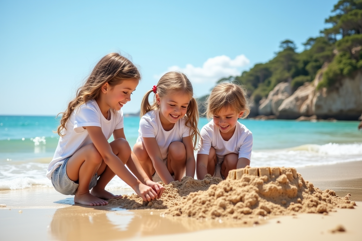 Enfants jouant sur la plage méditerranéenne en vacances