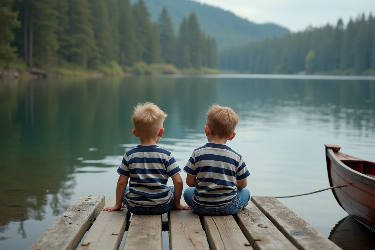 Deux garçons assis sur un ponton en bois les pieds dans le vide, contemplant le reflet d'un lac calme — amitié et souvenirs d'enfance