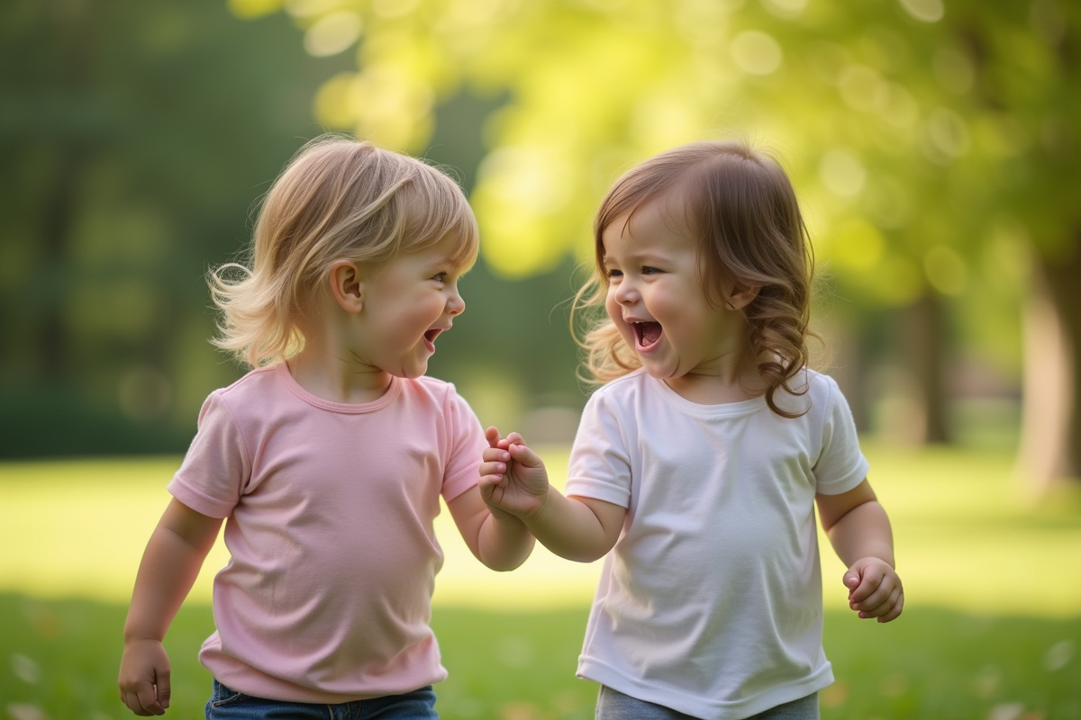 Deux enfants qui rient en se tenant la main dans un parc