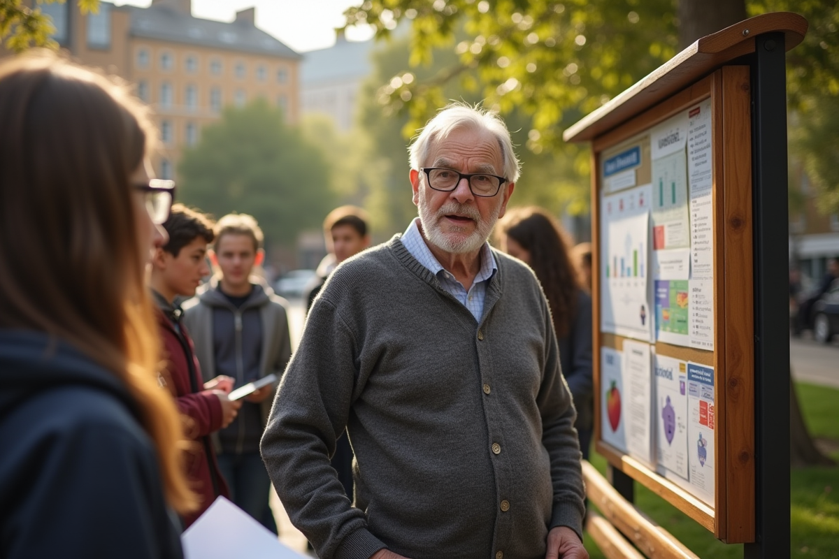 Enseignant avec des adolescents dans un parc urbain ensoleille