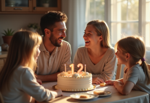 Famille de quatre autour d un gâteau d anniversaire chaleureux