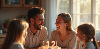Famille de quatre autour d un gâteau d anniversaire chaleureux