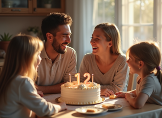 Famille de quatre autour d un gâteau d anniversaire chaleureux