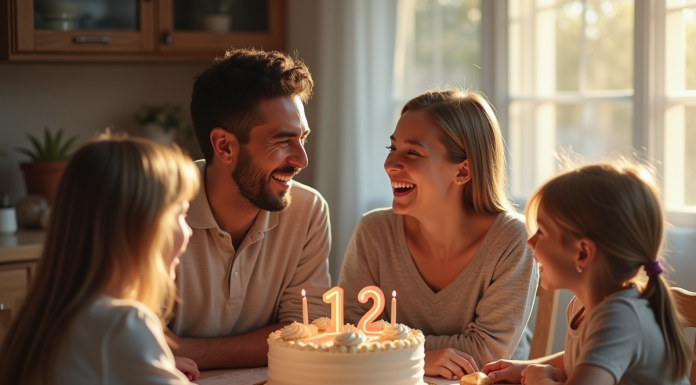 Famille de quatre autour d un gâteau d anniversaire chaleureux
