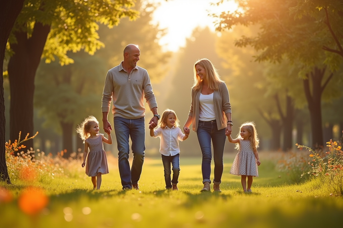 Famille de quatre se promenant dans un parc ensoleille