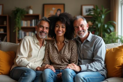 Jeune femme avec ses parents dans un salon chaleureux