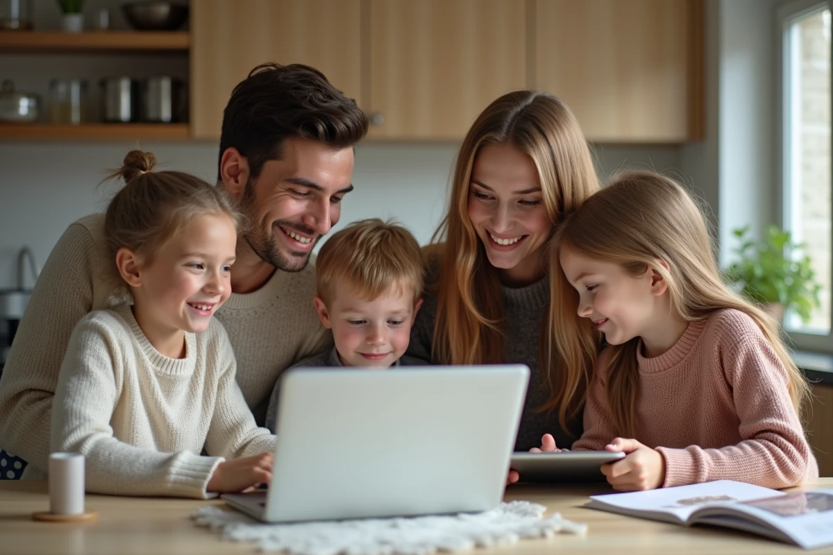 Famille de quatre souriante dans une cuisine moderne
