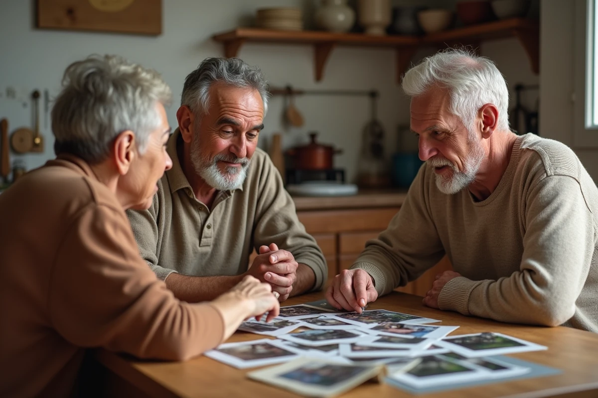 Famille multigénérationnelle explorant des photos anciennes autour d'une table en bois, symbolisant la recherche des origines et de l'histoire familiale