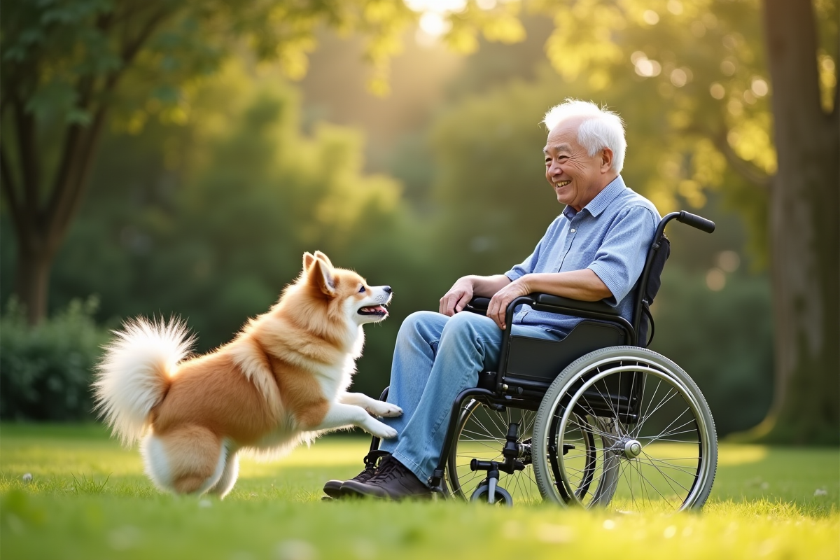 Famille multigenerations jouant avec un chien spitz dans le jardin