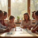 Les jeux de société coopératifs qui renforcent les liens familiaux Famille multigenerational jouant à un jeu de société lumineux