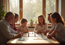 Famille multigenerational jouant à un jeu de société lumineux