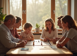 Famille multigenerational jouant à un jeu de société lumineux