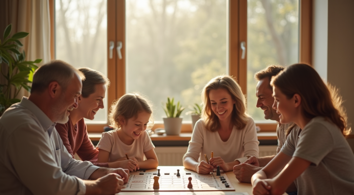 Les jeux de société coopératifs qui renforcent les liens familiaux Famille multigenerational jouant à un jeu de société lumineux