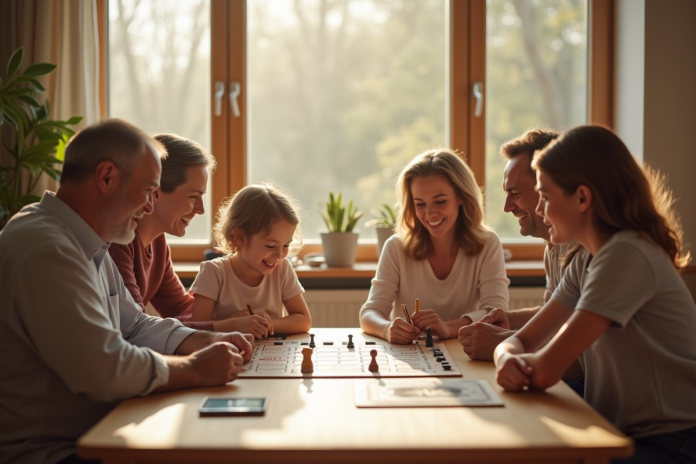 famille-jeu-de-societe Famille multigenerational jouant à un jeu de société lumineux