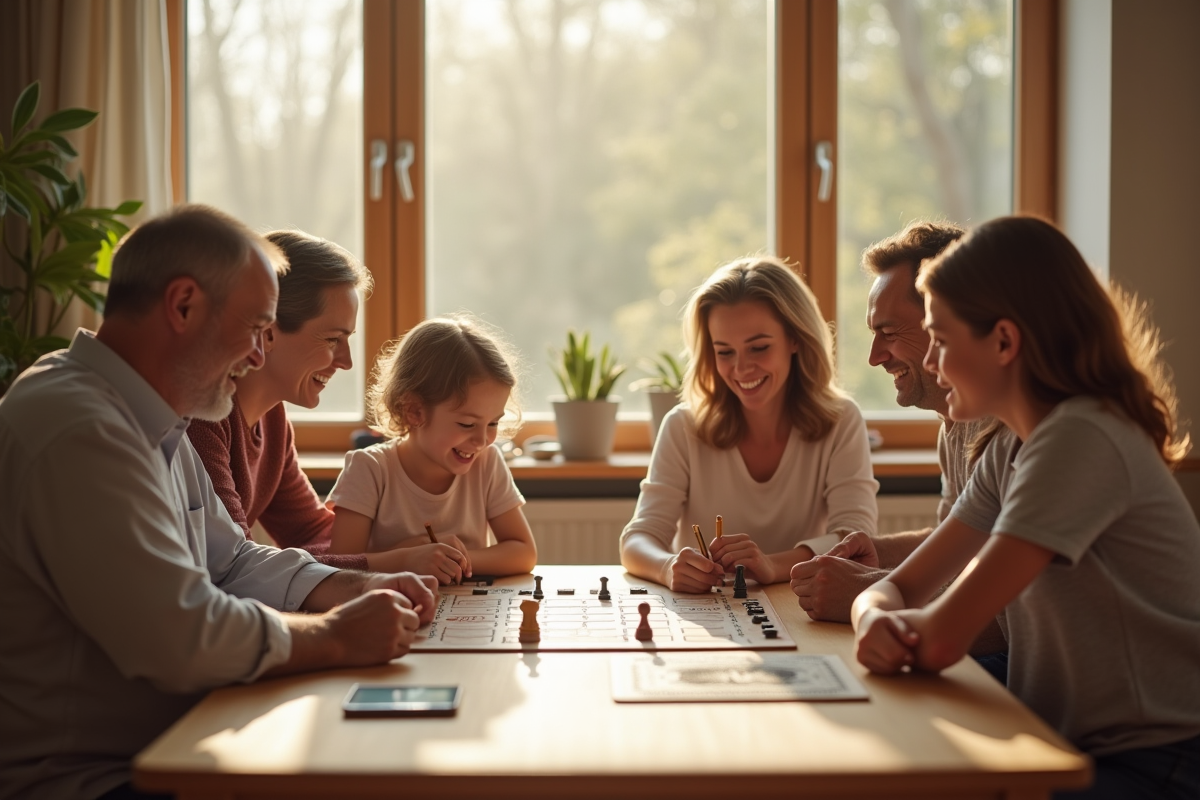 Famille multigenerational jouant à un jeu de société lumineux