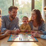 Famille heureuse jouant à des jeux de société dans un salon lumineux
