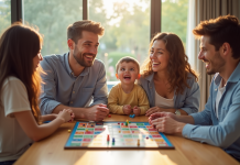 Famille heureuse jouant à des jeux de société dans un salon lumineux