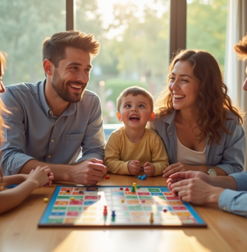 Famille heureuse jouant à des jeux de société dans un salon lumineux