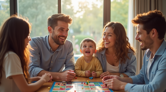 Famille heureuse jouant à des jeux de société dans un salon lumineux