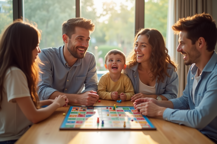 Famille heureuse jouant à des jeux de société dans un salon lumineux
