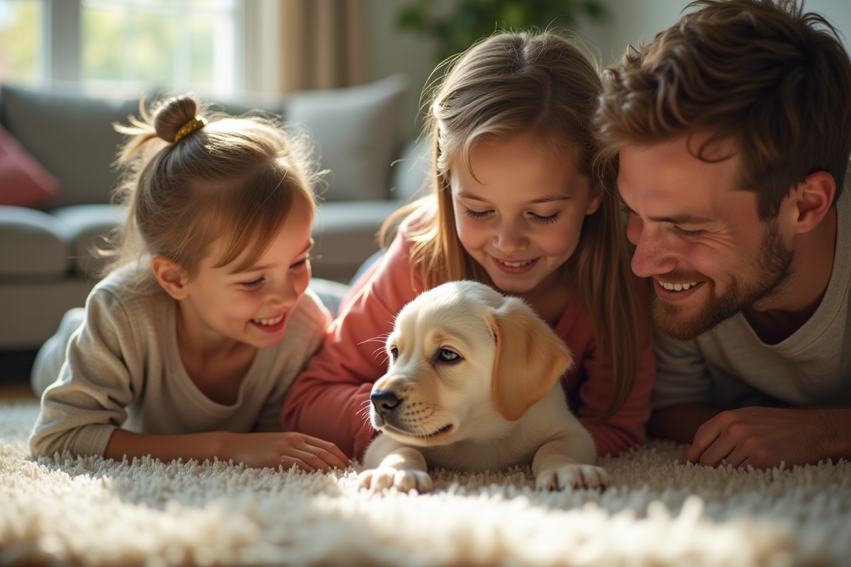 Famille jouant avec un chiot labrador dans le salon