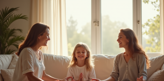 Famille souriante pratiquant la pleine conscience dans un salon lumineux