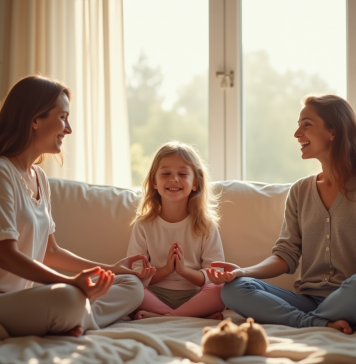 Gérer le stress en famille avec des solutions simples et efficaces Famille souriante pratiquant la pleine conscience dans un salon lumineux