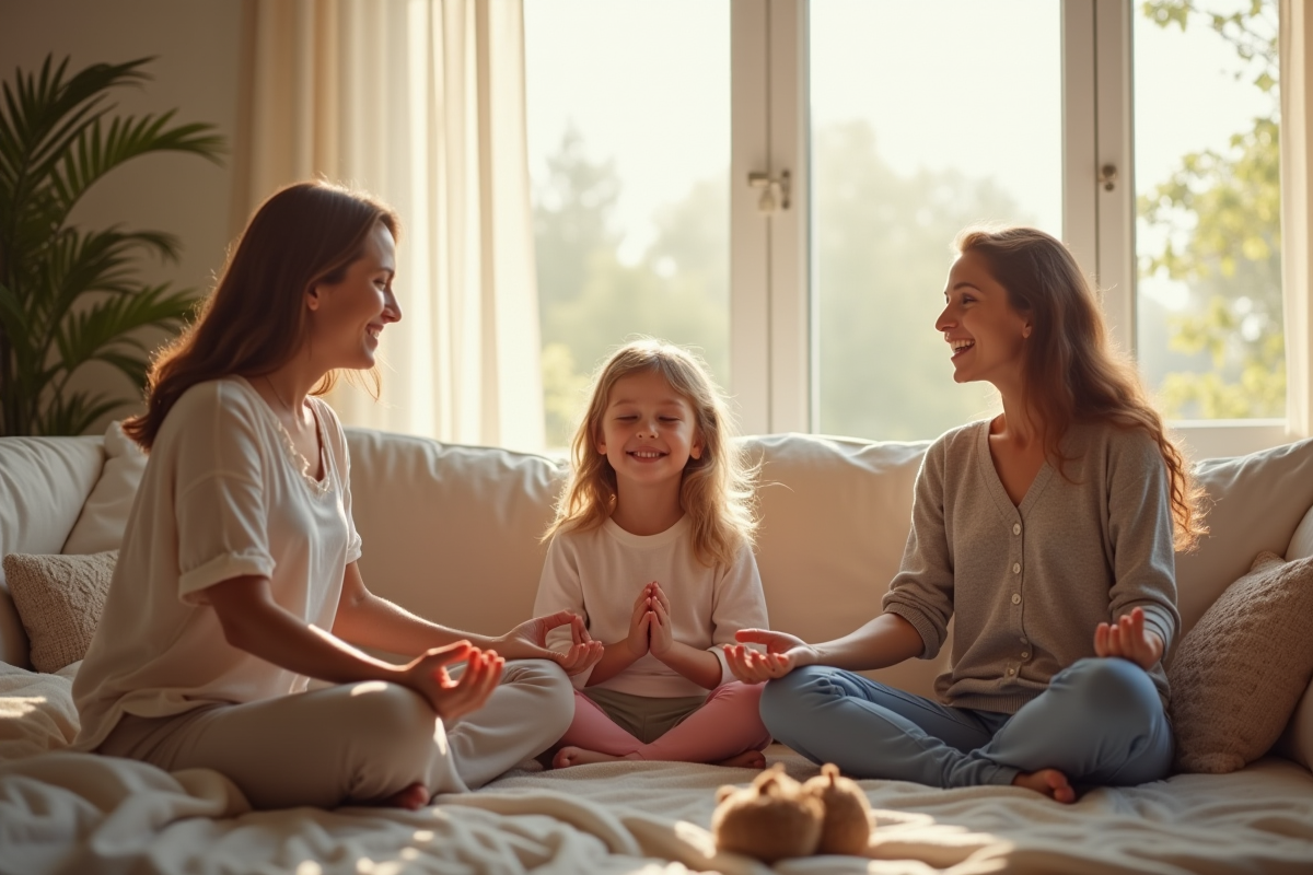 Famille souriante pratiquant la pleine conscience dans un salon lumineux